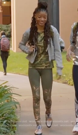 Skylar’s camo print top and khaki leggings on Grown-ish