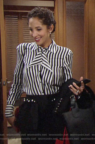Lily’s striped ruffled blouse and pearl embellished skirt on The Young and the Restless