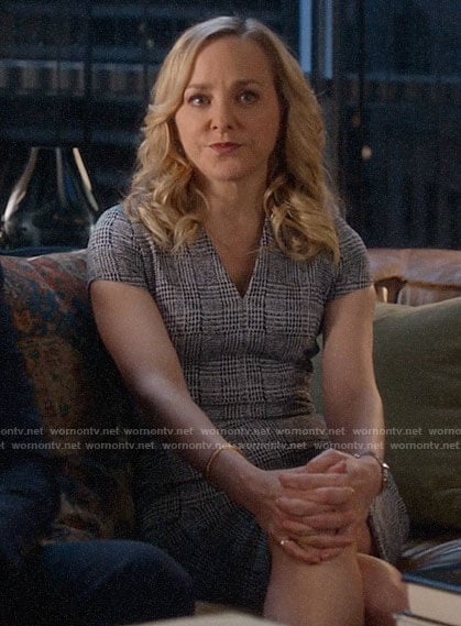 Marissa’s grey checked v-neck dress on Bull