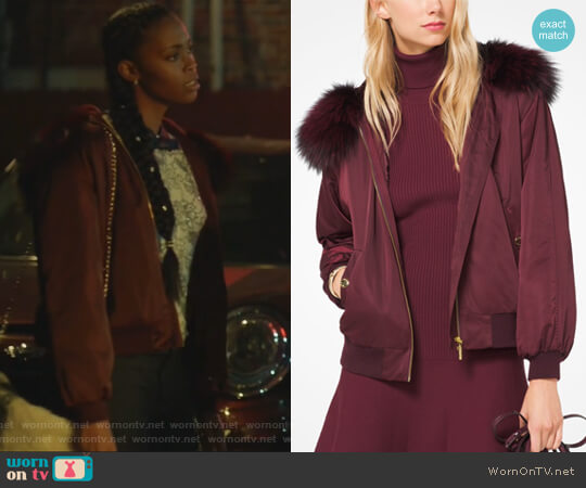 Michael Michael Kors Fur-Trimmed Bomber Jacket worn by Anissa Pierce (Nafessa Williams) on Black Lightning
