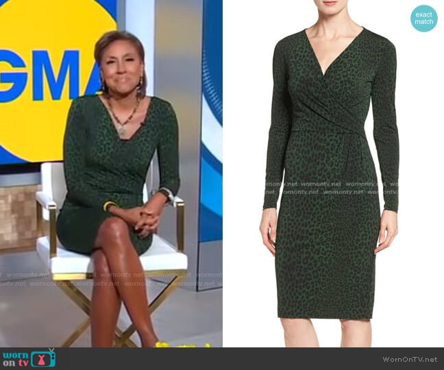 MICHAEL Michael Kors Panther Print Faux Wrap Jersey Dress worn by Robin Roberts on Good Morning America