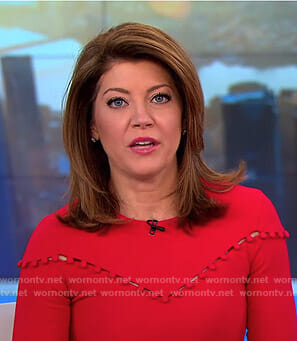 Norah’s red button detail dress on CBS This Morning