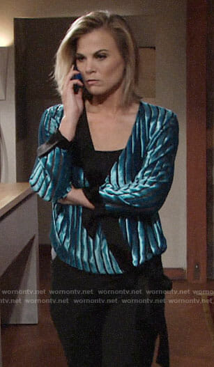 Phyllis’s blue velvet wrap blouse on The Young and the Restless