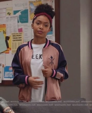 Zoey’s pink embroidered bomber jacket on Grown-ish