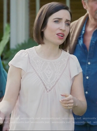 Jen’s pink embroidered short sleeve top on Life in Pieces