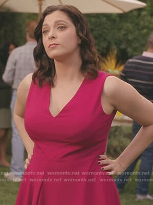 Rebecca’s pink v-neck dress on Crazy Ex-Girlfriend
