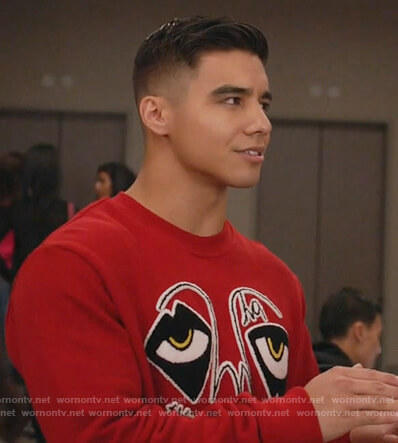 Vivek’s red eye print sweatshirt on Grown-ish
