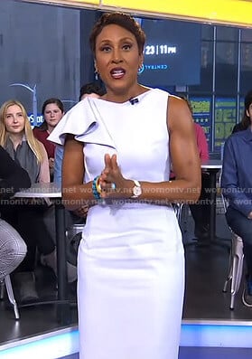 Robin’s light blue ruffled shoulder dress on Good Morning America