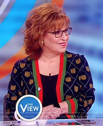 Joy’s blue tiger print cardigan on The View