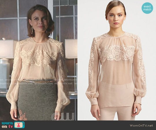 Valentino Lace On Silk Chiffon Shirt worn by Cristal Flores (Nathalie Kelley) on Dynasty