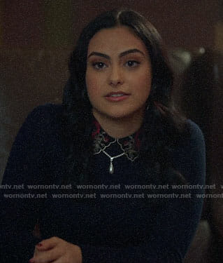 Veronica’s navy sweater with embroidered collar on Riverdale