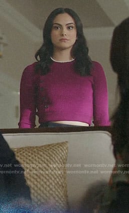 Veronica’s magenta asymmetric buttoned sweater on Riverdale