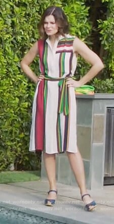 Heather’s white striped waist tie dress on Life in Pieces