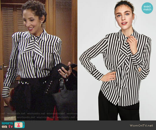 Zara Striped Blouse with Shoulder Pads worn by Lily Winters (Christel Khalil) on The Young and the Restless