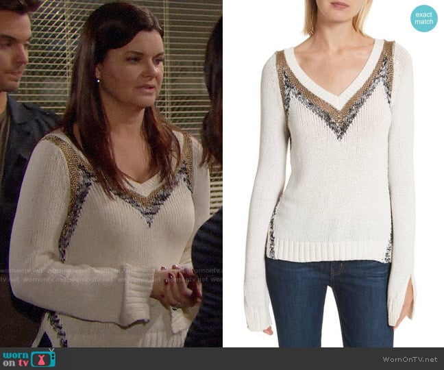 10 Crosby by Derek Lam V-Neck Stripe Pullover worn by Katie Logan (Heather Tom) on The Bold and the Beautiful