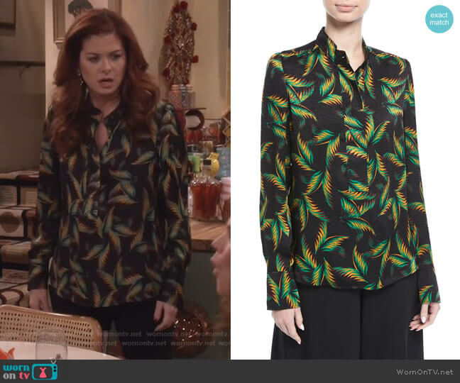 ALC Gosford Button-Front Printed Silk Top worn by Grace Adler (Debra Messing) on Will and Grace