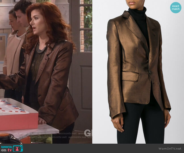 Ann Demeulemeester Metallic Blazer worn by Grace Adler (Debra Messing) on Will and Grace