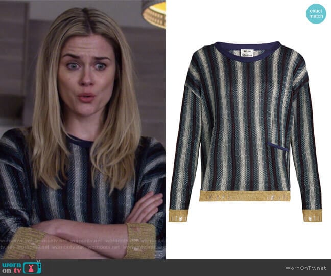 Acne Studios Blanca round-neck striped-jacquard sweater worn by Trish Walker (Rachael Taylor) on Jessica Jones