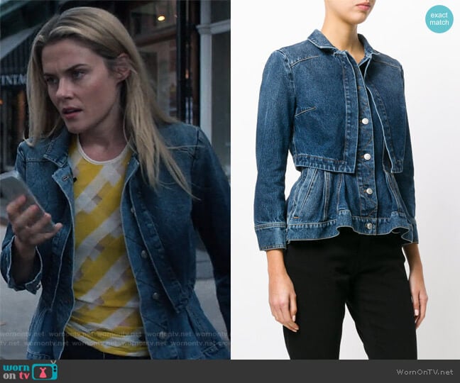 Alexander McQueen Denim Peplum Jacket worn by Trish Walker (Rachael Taylor) on Jessica Jones
