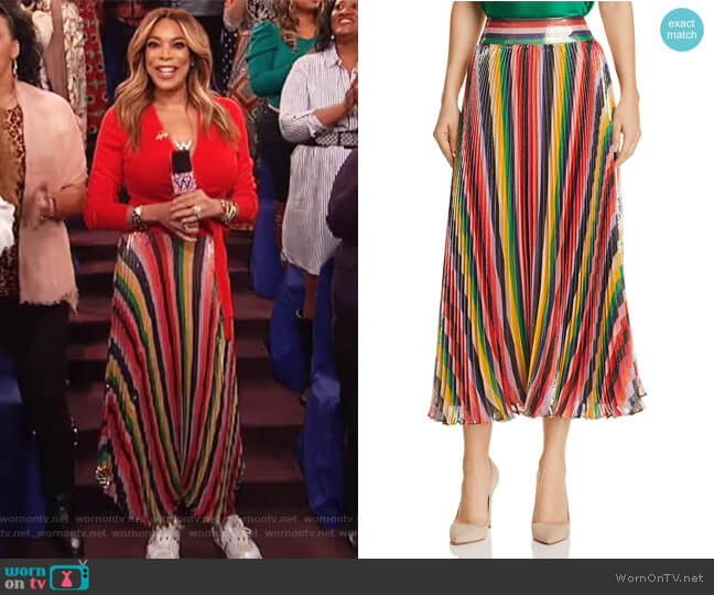 Alice + Olivia Katz Sunburst Pleated Metallic Striped Midi Skirt worn by Wendy Williams on The Wendy Williams Show