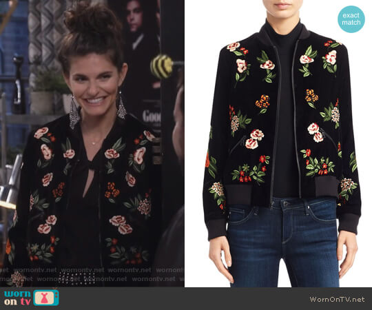 Alice + Olivia Lonnie Cropped Bomber Jacket worn by Leslie Curry (Lindsey Kraft) on Living Biblically
