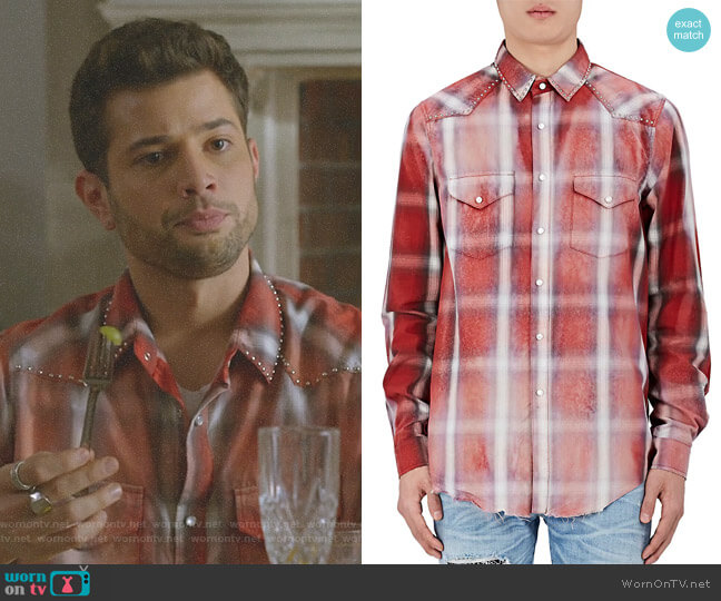 Amiri Studded Plaid Western Shirt worn by Sam Flores (Rafael de la Fuente) on Dynasty