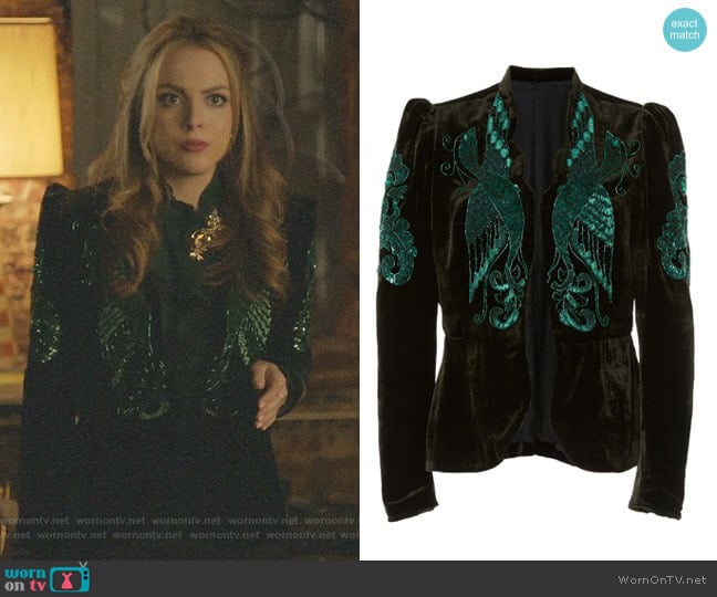 Anna Sui Phoenix Beaded Velvet Jacket worn by Fallon Carrington (Elizabeth Gillies) on Dynasty
