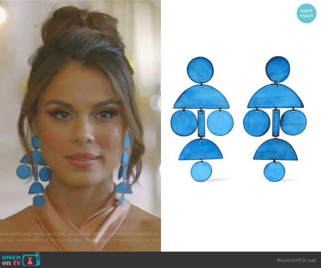 Annie Costello Brown Pompom oxidized earrings worn by Cristal Flores (Nathalie Kelley) on Dynasty