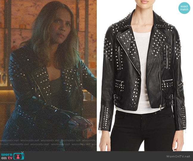 Aqua Studded Faux-Leather Moto Jacket worn by Mazikeen (Lesley-Ann Brandt) on Lucifer