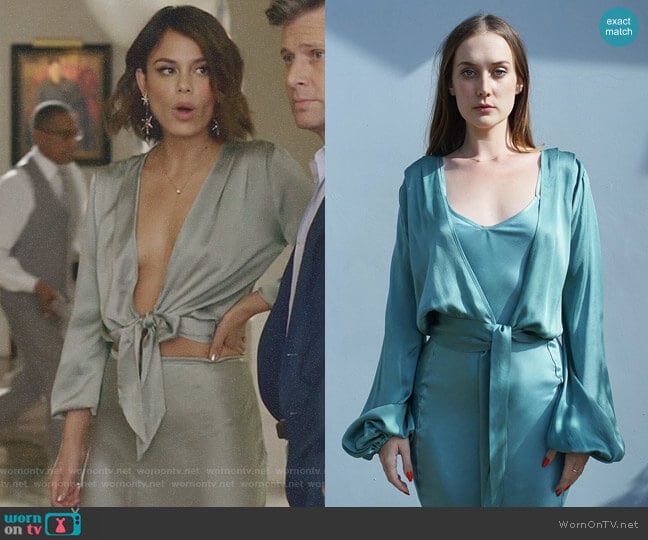 Awaveawake Wind Green Two Tie Blouse worn by Cristal Flores (Nathalie Kelley) on Dynasty