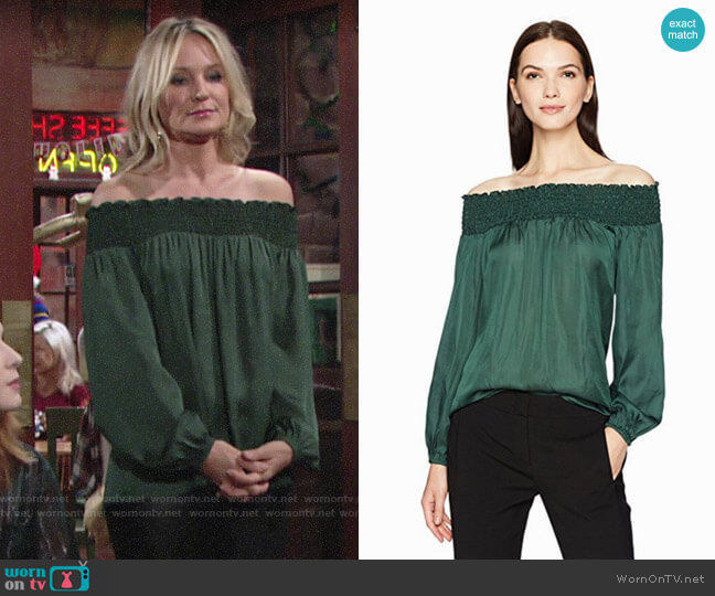Bcbgmaxazria Milou Top in Foliage worn by Sharon Newman (Sharon Case) on The Young and the Restless