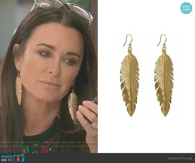CC Skye Large Gold Feather Earrings worn by Kyle Richards on The Real Housewives of Beverly Hills