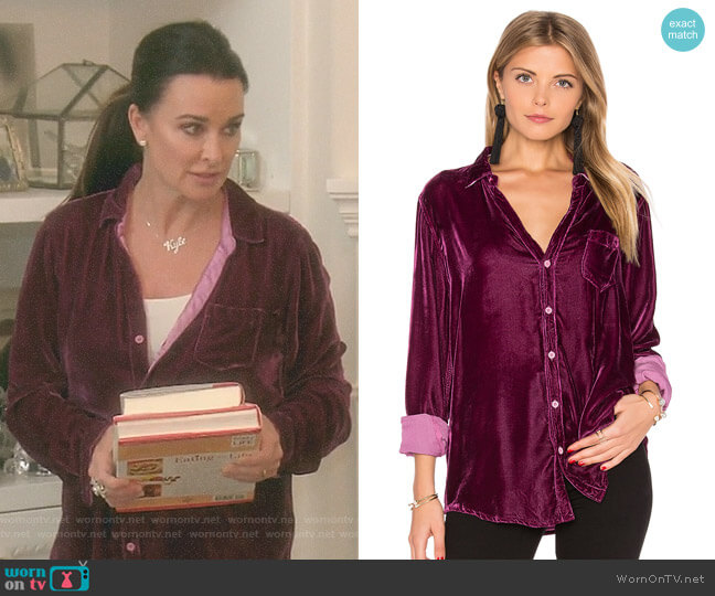 CP Shades Sloane Velvet Button Up worn by Kyle Richards on The Real Housewives of Beverly Hills
