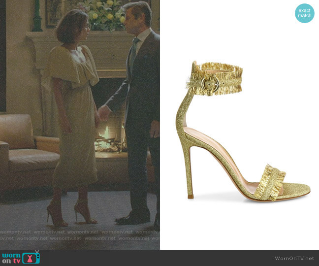 Gianvito Rossi Caribe Tinsel Ankle-Strap Sandals worn by Cristal Flores (Nathalie Kelley) on Dynasty