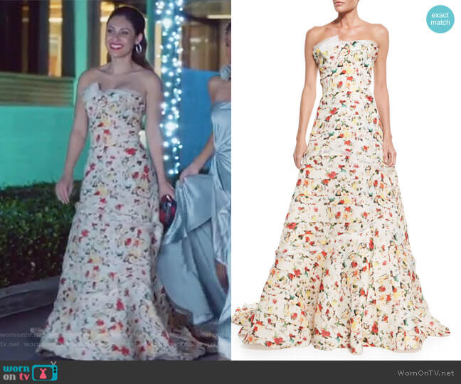 Carolina Herrera Strapless Layered Floral-Print Gown worn by Ana Torres (Francia Raisa) on Grown-ish
