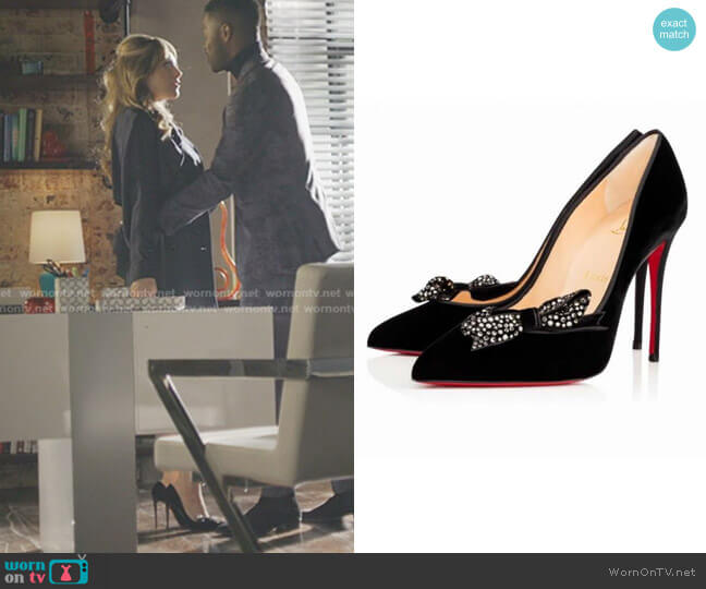 Christian Louboutin Madame Menule Embellished Bow Pointy Toe Pump worn by Fallon Carrington (Elizabeth Gillies) on Dynasty