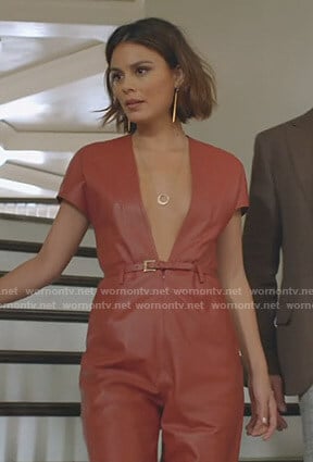 Cristal’s brown leather plunge jumpsuit on Dynasty