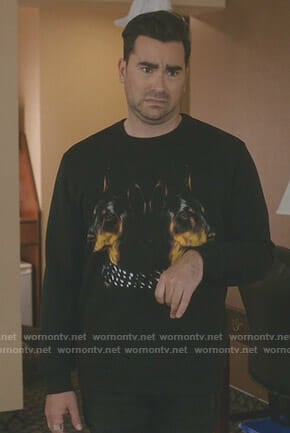 David’s black doberman print sweatshirt on Schitt’s Creek