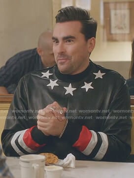 David’s black star print leather sweatshirt on Schitt’s Creek