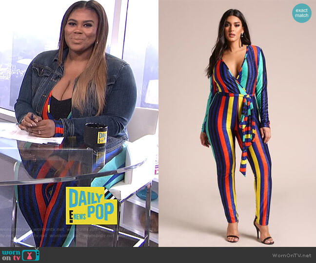 Deb Shops Plus Size Stripe Color Block Plunge Jumpsuit worn by Nina Parker on E! News