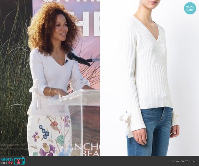 Derek Lam 10 Crosby V-Neck Sweater with Tie Sleeve Detail worn by Lena Adams Foster (Sherri Saum) on The Fosters