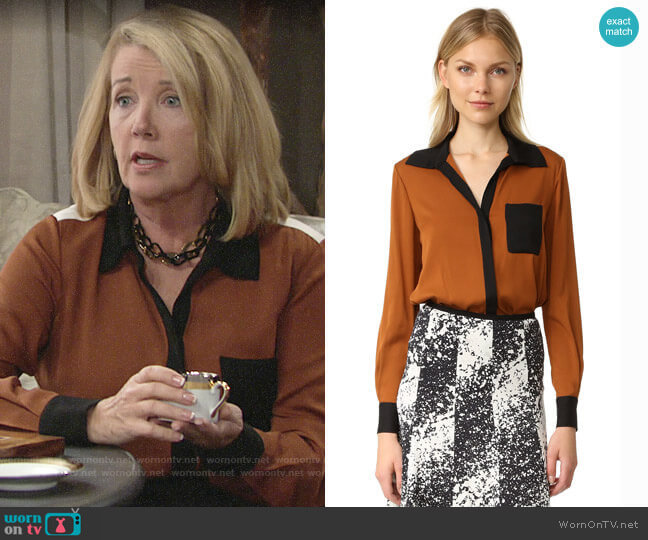 Diane von Furstenberg Carter Silk Blouse in Copper / Black worn by Nikki Reed Newman (Melody Thomas-Scott) on The Young and the Restless