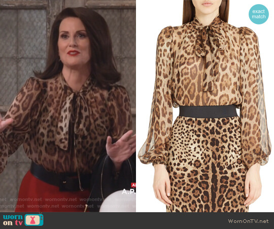 Dolce & Gabbana Leopard Print Silk Tie Neck Blouse worn by Karen Walker (Megan Mullally) on Will and Grace