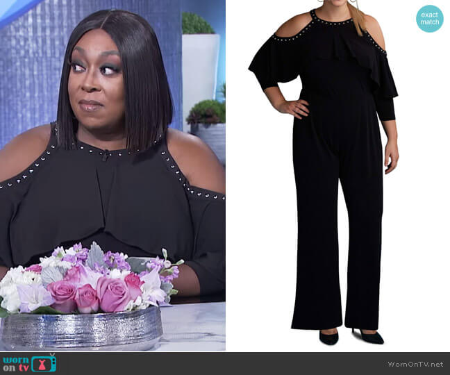 ECI Cold Shoulder Ruffle Stud Jumpsuit worn by Loni Love on The Real