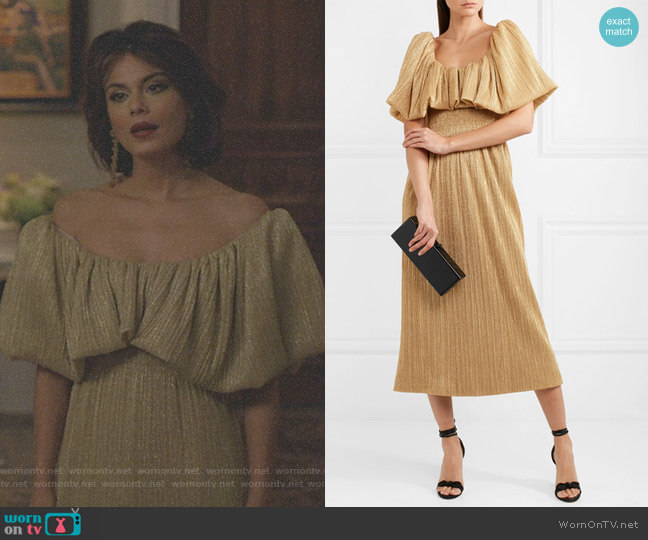 Emilia Wickstea Metallic Plissé-Jersey Midi Dress worn by Cristal Flores (Nathalie Kelley) on Dynasty