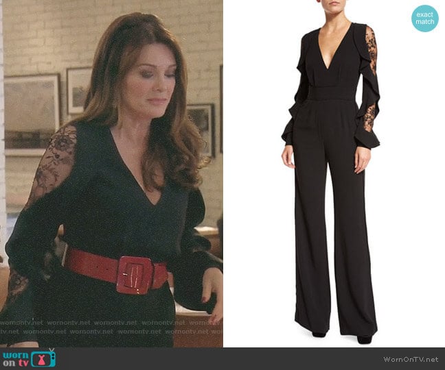 Elie Saab Ruffled Lace-Sleeve Crepe Jumpsuit worn by Lisa Vanderpump on The Real Housewives of Beverly Hills
