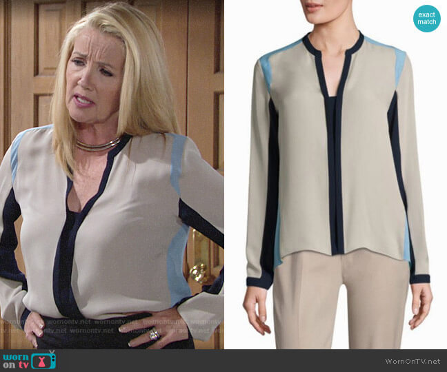 Elie Tahari Layne Colorblock Blouse worn by Nikki Reed Newman (Melody Thomas-Scott) on The Young and the Restless