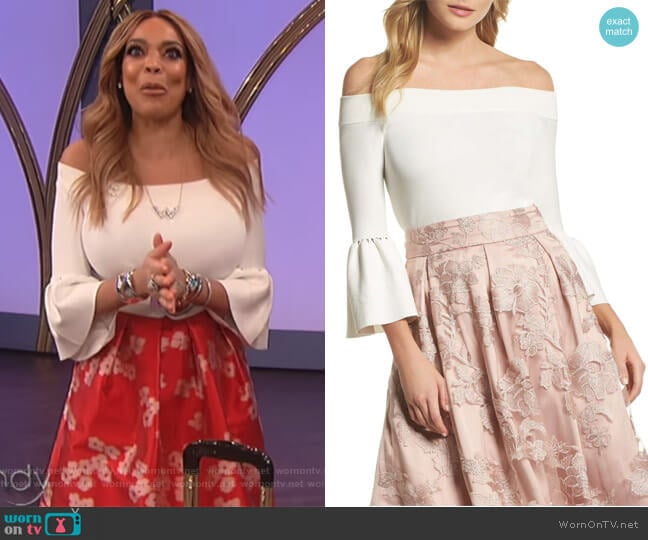 Eliza J Off the Shoulder Bell Sleeve Top worn by Wendy Williams on The Wendy Williams Show