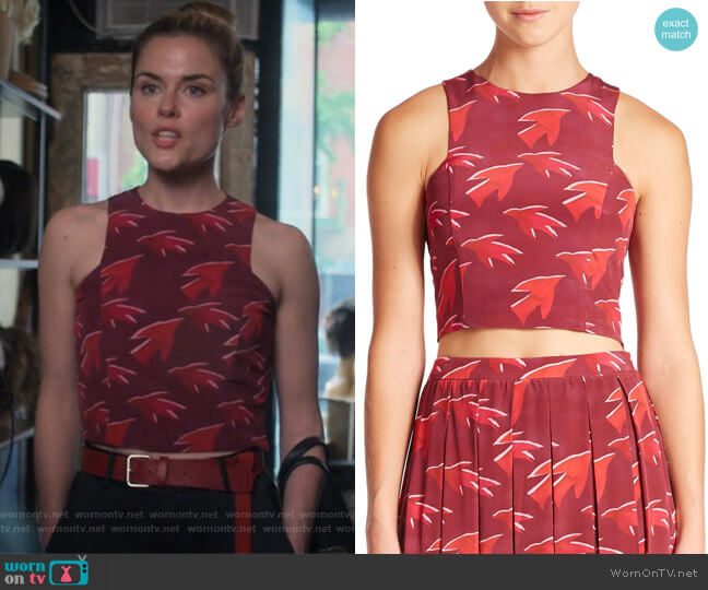 Elle Sasson Delphine Sparrow-Print Silk Crop Top worn by Trish Walker (Rachael Taylor) on Jessica Jones