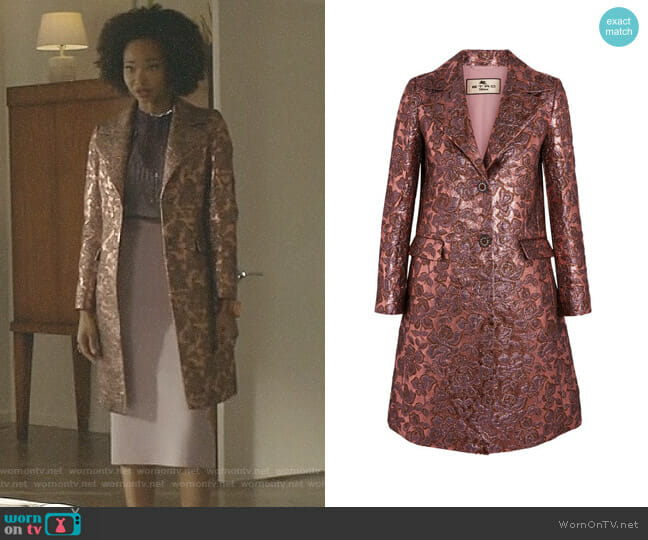 Etro Metallic Wool-Blend Jacquard Coat worn by Monica Colby (Wakeema Hollis) on Dynasty